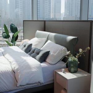 Modern King Size Bed with Cushioned Headboard & Storage